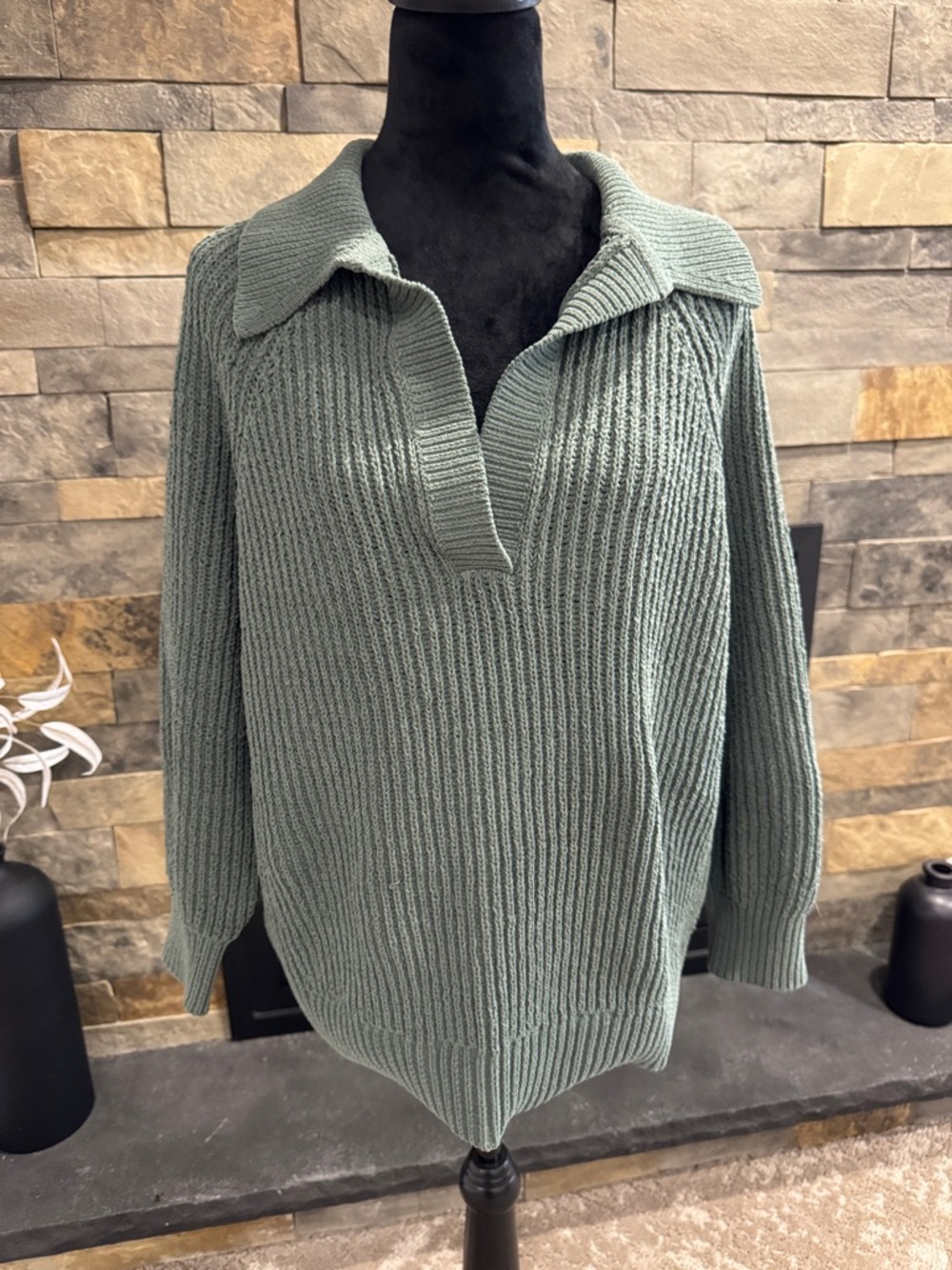 aerie Ribbed V-Neck Collared Sweater - Sage Green